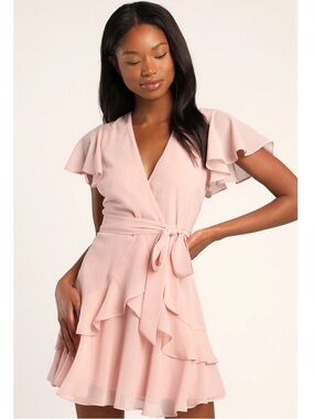 Lulus Sweet Like You Blush Pink Ruffle Faux Wrap Flutter Sleeve Mini Dress NWT